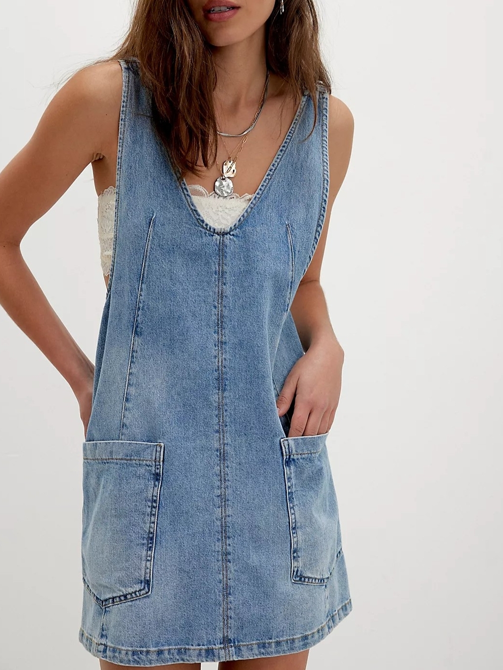 Free People High Roller Light Blue Denim Pinafore Dress, SZ L, NWT